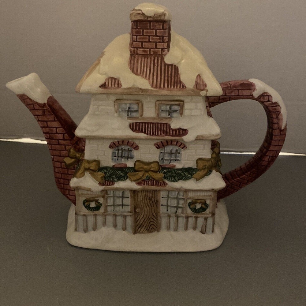 Christmas Teapot with Lid Decorative Winter Village House Ceramic
